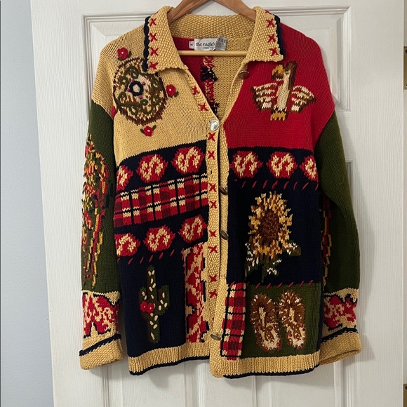 The Eagle'S Eye Sweaters - Vintage  Colorful Patchwork Cardigan Sweater     *missing button as pictured*